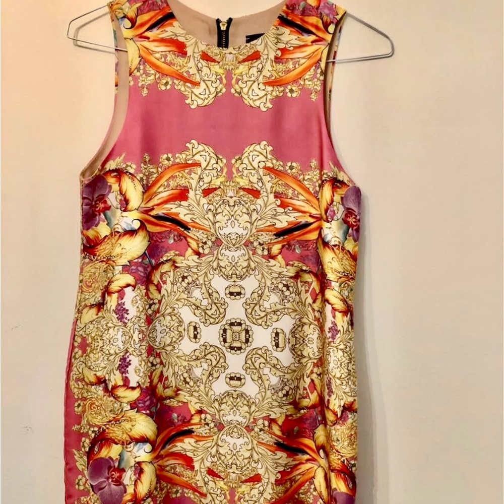 Mendocino Pink and Gold Baroque Mini Dress